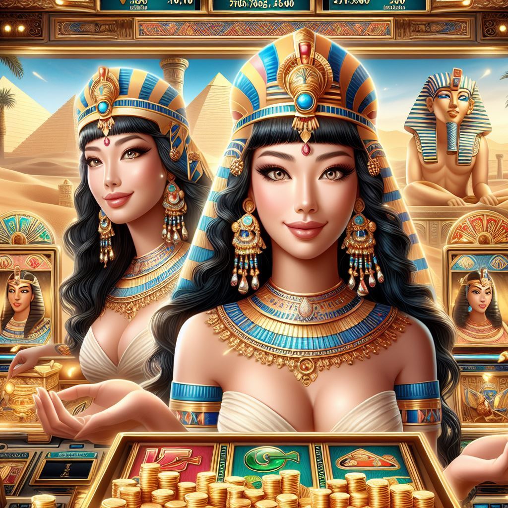 Cleopatra's Quest casino game featuring ancient Egyptian theme with pyramids, pharaohs, and treasure.