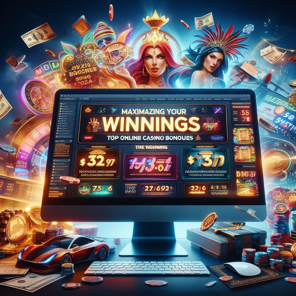 An image depicting a virtual casino interface with bonus offers and promotions displayed on the screen, representing the allure and excitement of online casino bonuses in 2024.